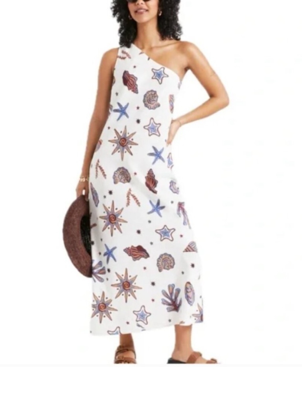 C&C California NWT Linen Blend Beach-Print One-Shoulder Dress.  Size Medium.